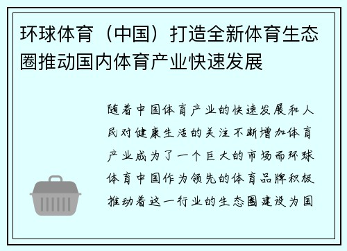 环球体育（中国）打造全新体育生态圈推动国内体育产业快速发展